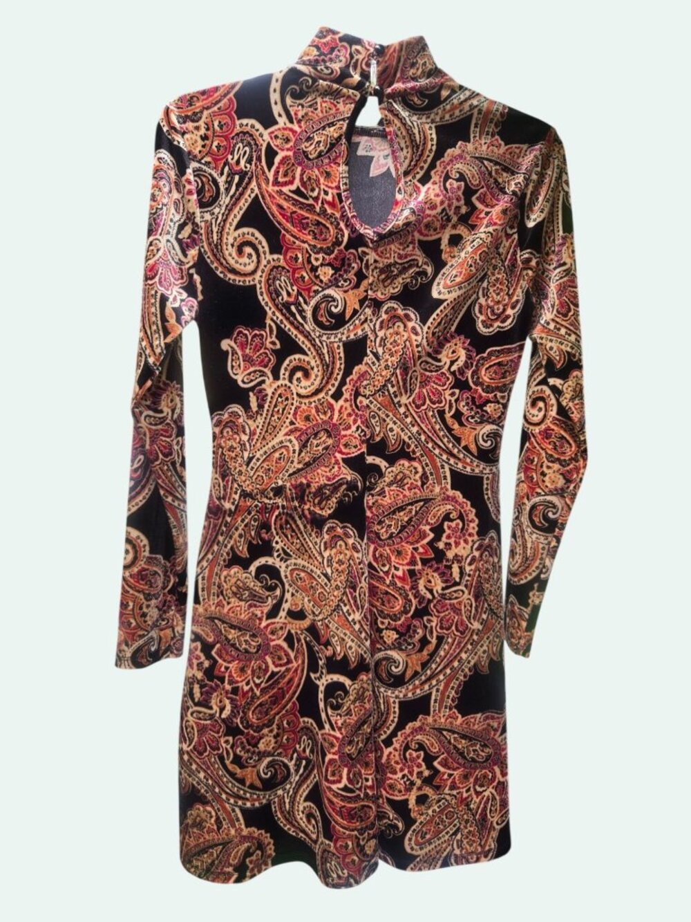 Bebop Velvet Paisley Long Sleeve Mock Neck Mini Dress  70s  Bohemian Hippie - Picture 6 of 11